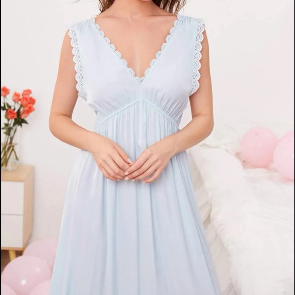 Solid Blue Lace Trim Night Dress